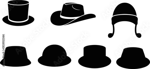 Collection of black hat silhouettes including top hat, cowboy hat, beanie, and bowler styles, flat vector illustration icons for headwear fashionCollection of black hat silhouett 