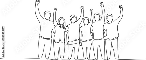 Minimalist continuous line drawing of six people standing with raised arms, symbolizing unity, solidarity, collective strength, teamwork, empowerment
