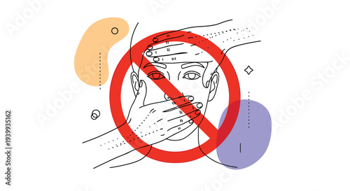 Health warning sign featuring a hand drawn face with a red prohibition slash indicating the instruction to not touch your eyes nose or mouth.