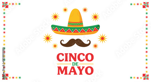 Cinco de mayo themed graphic with a festive sombrero, a dark mustache, and colorful starbursts on a clean white background.