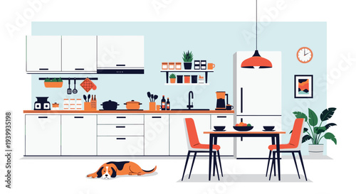 Inviting modern kitchen interior with white cabinets appliances a dining area and a peaceful dog sleeping on the floor.