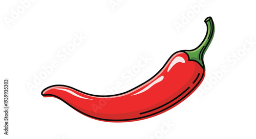 Single red chili pepper with a green stem and shiny skin highlights illustrated in a vibrant flat design style on a white background.
