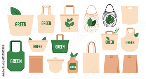 Diverse collection of eco-friendly and reusable shopping bags and packaging advocating for sustainable green living.