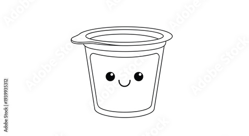 Cute kawaii style line drawing of a yogurt cup with a happy smiling face and big eyes on a clean white background for children.