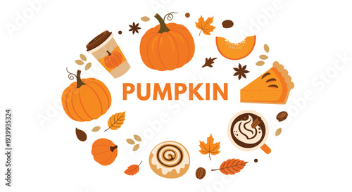 Festive circular arrangement of pumpkin themed autumn delights including whole pumpkins pie slices and warm lattes.