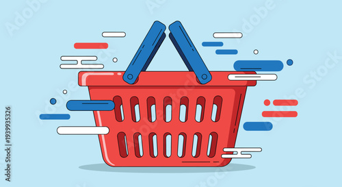 Red plastic shopping basket with blue handles on a light blue background decorated with abstract motion lines and retail shapes.