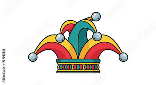 Colorful illustration of a classic jester hat featuring red green and yellow sections with small silver bells on the pointed tips.