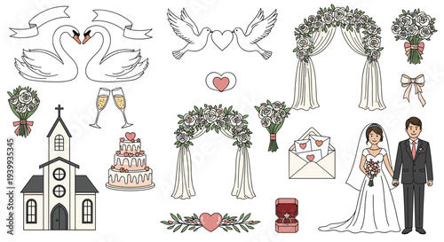 Extensive collection of elegant wedding themed icons including a church wedding arches cake champagne rings and a couple.
