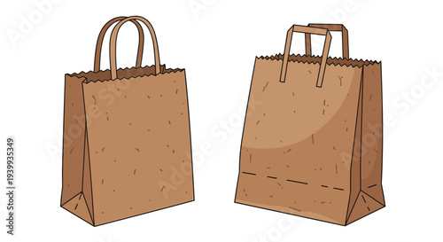 Two brown paper shopping bags with handles shown from different perspectives to emphasize their use in eco friendly retail and shopping.