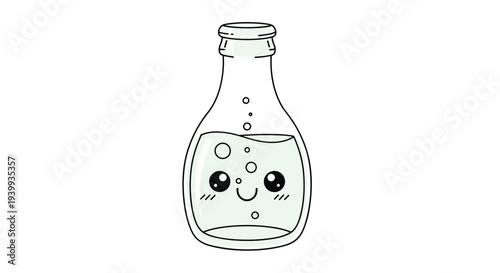 Cute cartoon illustration of a glass bottle filled with sparkling water or soda featuring a sweet smiling face and big kawaii eyes.