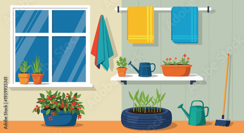Detailed interior illustration of a garden potting room with plants, window, shelves, hanging towels, and various gardening tools.