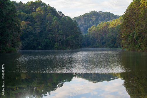 Pang Ung in Pang Tong Reservoir in valley has cool mist for fog floating above lake or river water in mornings at Tham Pla National Park Pha Suea Waterfall Mae Hong Son by unseen in Asia Thailand