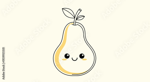 Adorable yellow pear character with a cute smiley face and tiny green leaves on a light yellow background color.