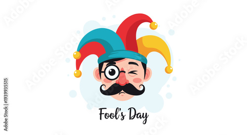 Colorful jester head with a multi colored hat and mustache celebrating april fool's day on a white background space.