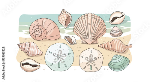 A collection of various seashells and sand dollars arranged on a sandy beach with gentle waves in the background.
