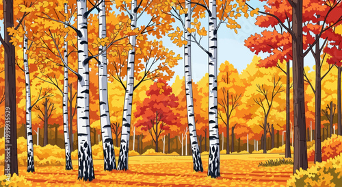 A vibrant autumn forest scene with tall birch trees and a carpet of fallen leaves.
