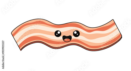 Cute cartoon bacon strip character with a happy smiley face and wavy shape isolated on a plain white background space.