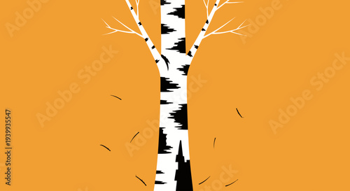 A minimalist illustration of a birch tree with falling leaves against an orange background.