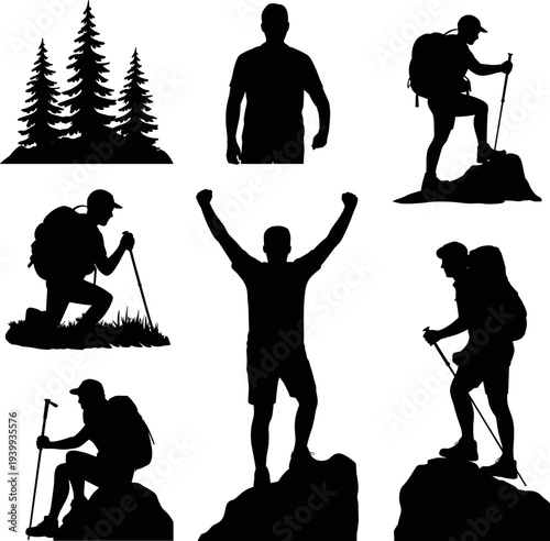Collection of black hiker and mountaineer silhouettes climbing rocks and celebrating on white background, outdoor adventure, flat vector illustration set