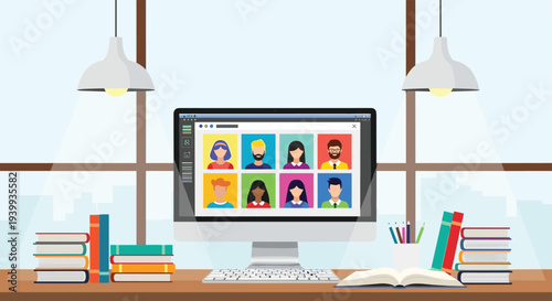 Organized office desk with a computer monitor displaying a group video call for remote work and online learning.