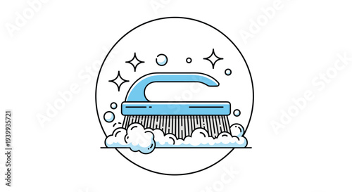 Blue cleaning brush with white soapy foam and bubbles representing household chores and daily cleanliness habits.