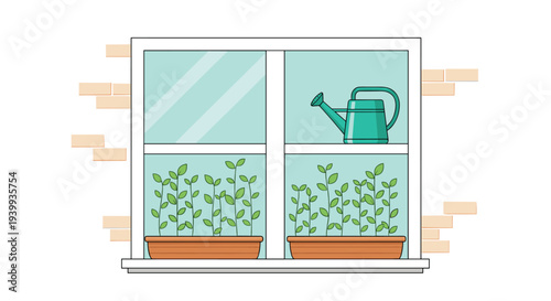 Growing green plants in planter boxes on a window sill with a green watering can and a brick wall background.