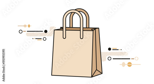 Minimalist illustration of a brown paper shopping bag with handles standing against a simple decorative background.