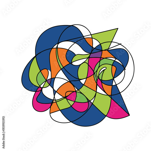 Abstract composition of colorful shapes, enclosed by black outlines