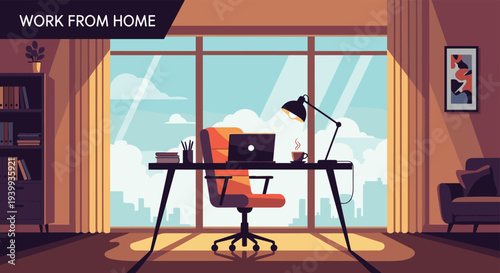 Modern home office interior with desk, laptop, books, and a window view of the city under a clear sky for remote work.