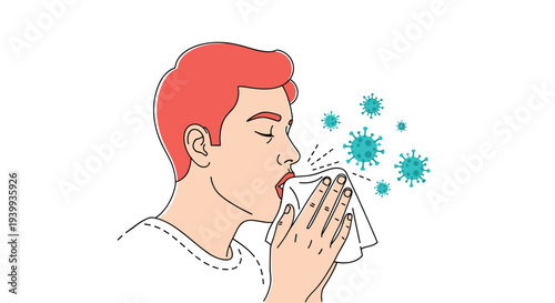 Young man sneezing into a white handkerchief or tissue with virus particles floating in the air around him in a room.
