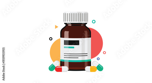 Brown glass medicine bottle with a white label surrounded by various colorful capsules and pills for medical treatment.
