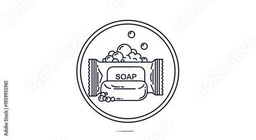 Black and white line icon of a bar of soap in its wrapper with bubbles representing cleanliness and personal hygiene.
