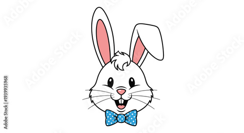 Cute white cartoon bunny face with long ears and a blue polka dot bow tie smiling happily on a white background.