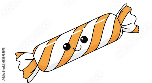 Adorable cartoon candy wrapped in orange and white stripes with a happy smiling face on a plain white background.