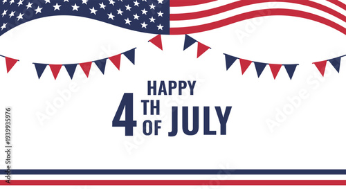 Festive happy 4th of july greeting with the american flag and patriotic bunting for independence day celebrations.