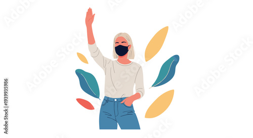 Young woman with blonde hair wearing a black face mask and waving her hand against a background of colorful leaves.