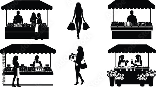 Black Silhouette Set of Outdoor Farmers Market Stalls, Street Fair Vendors, Customers Shopping for Fresh Produce, and Flower Shop Displays.