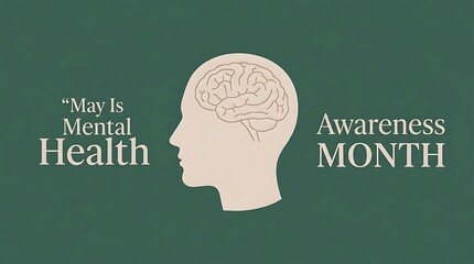 Minimalist Mental Health Awareness Month Banner with Human Head Profile and Brain Illustration on Sage Green Background
