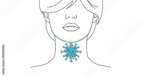 Line drawing of a woman's face and neck with a blue virus icon on her throat representing a sore throat or infection.