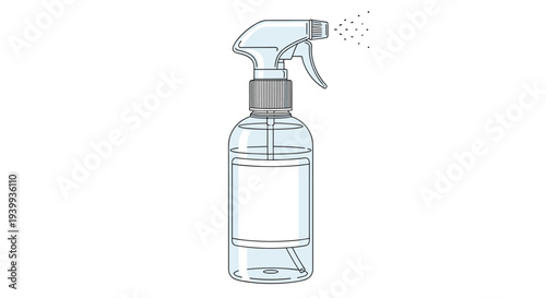 Clear plastic spray bottle illustrated with a nozzle releasing a fine mist or spray for cleaning or gardening.