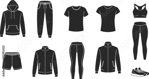 Collection of black sportswear silhouettes including hoodie, leggings, t-shirts and sneakers, flat vector illustration icons for fitness apparel and gym branding