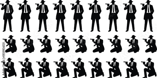 Pattern of multiple gangster silhouettes in suits and hats holding handguns, standing and kneeling, mafia style, dramatic vector art