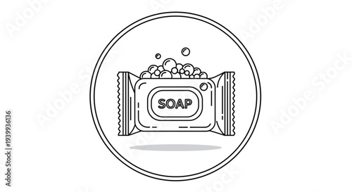 Black and white line icon of a bar of soap in its wrapper with bubbles in a circular frame for personal hygiene.
