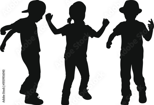 Children silhouettes dancing, playful kids, joyful childhood, backward cap boy, pigtail girl, hat child, fun poses, vector illustration, black icons, design element