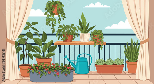 Beautiful balcony garden filled with various potted plants, flowers, and a blue watering can under a bright sky.
