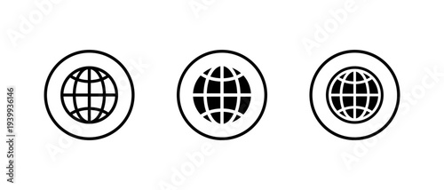 World globe icon set in circular outline. Internet global symbol. Worldwide web sign