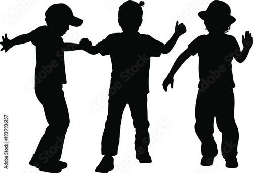 Children silhouettes dancing, playful kids, joyful childhood, cap boy, ponytail girl, hat child, fun poses, vector illustration, black icons, design element