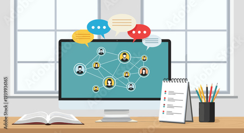 Computer monitor displaying a complex social network diagram with colorful speech bubbles on a home office wooden desk.