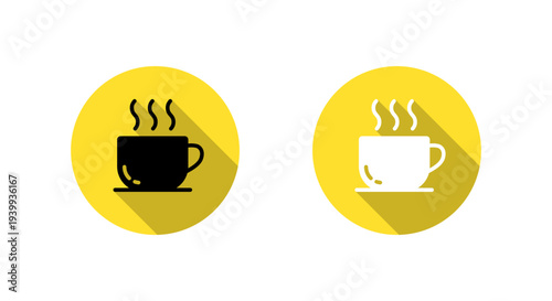 Hot coffee cup icon with long shadow. Warm beverage symbol. Cafe drink sign