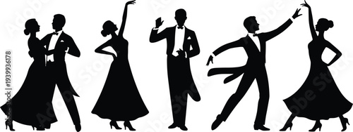 Professional Ballroom Dancers Silhouette Set, Elegant Couples Dancing Waltz and Tango, Formal Gala Event Vector Illustration on White Background